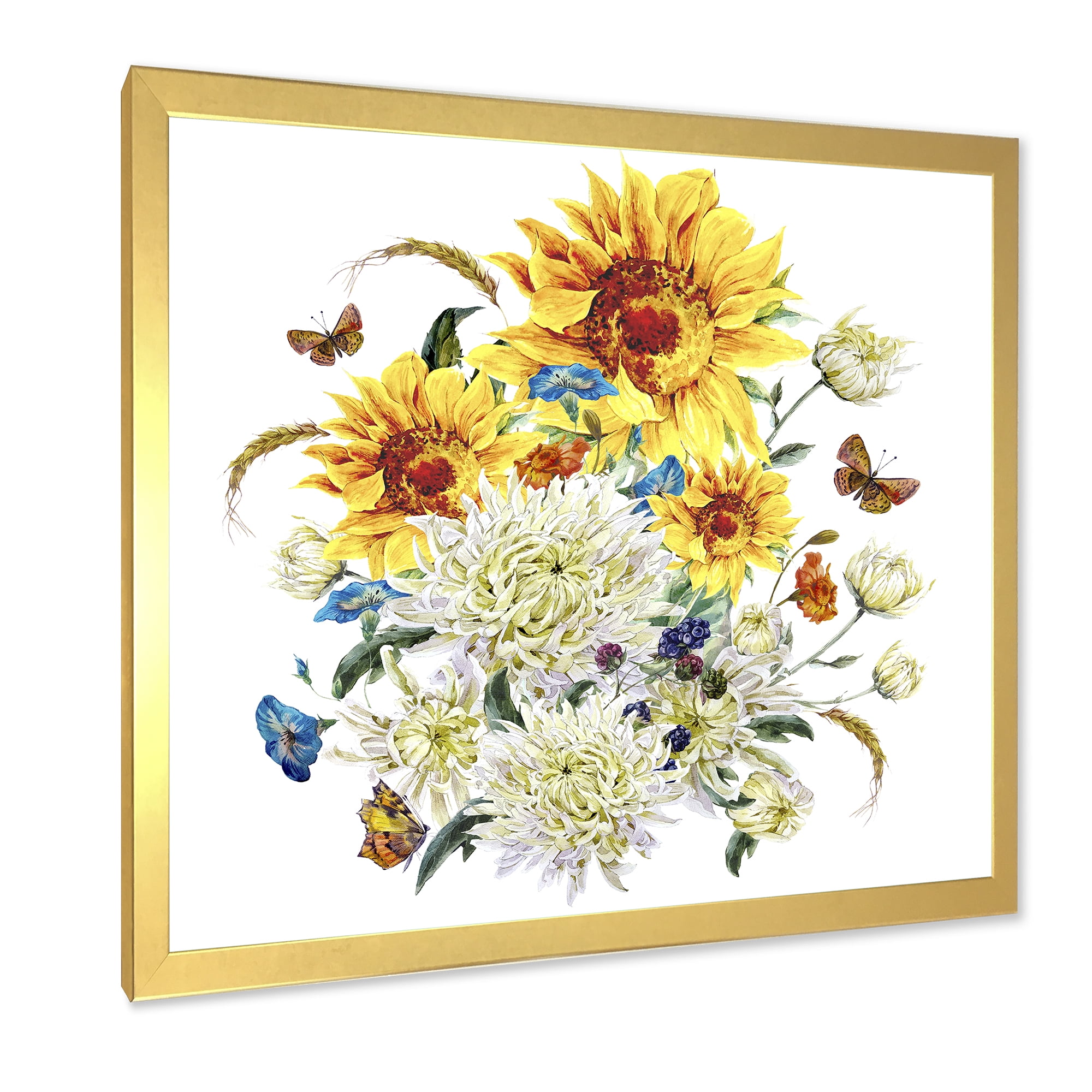 Designart 'Ancient Chrysanthemums and Sunflowers' Traditional Framed Art Print