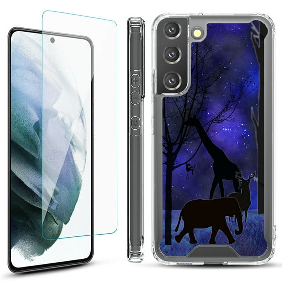 Shockproof Bumper Phone Case for Samsung Galaxy S22  / S22 Plus 5G, with Tempered Glass Screen Protector, by OneToughShield ® - Midnight Safari