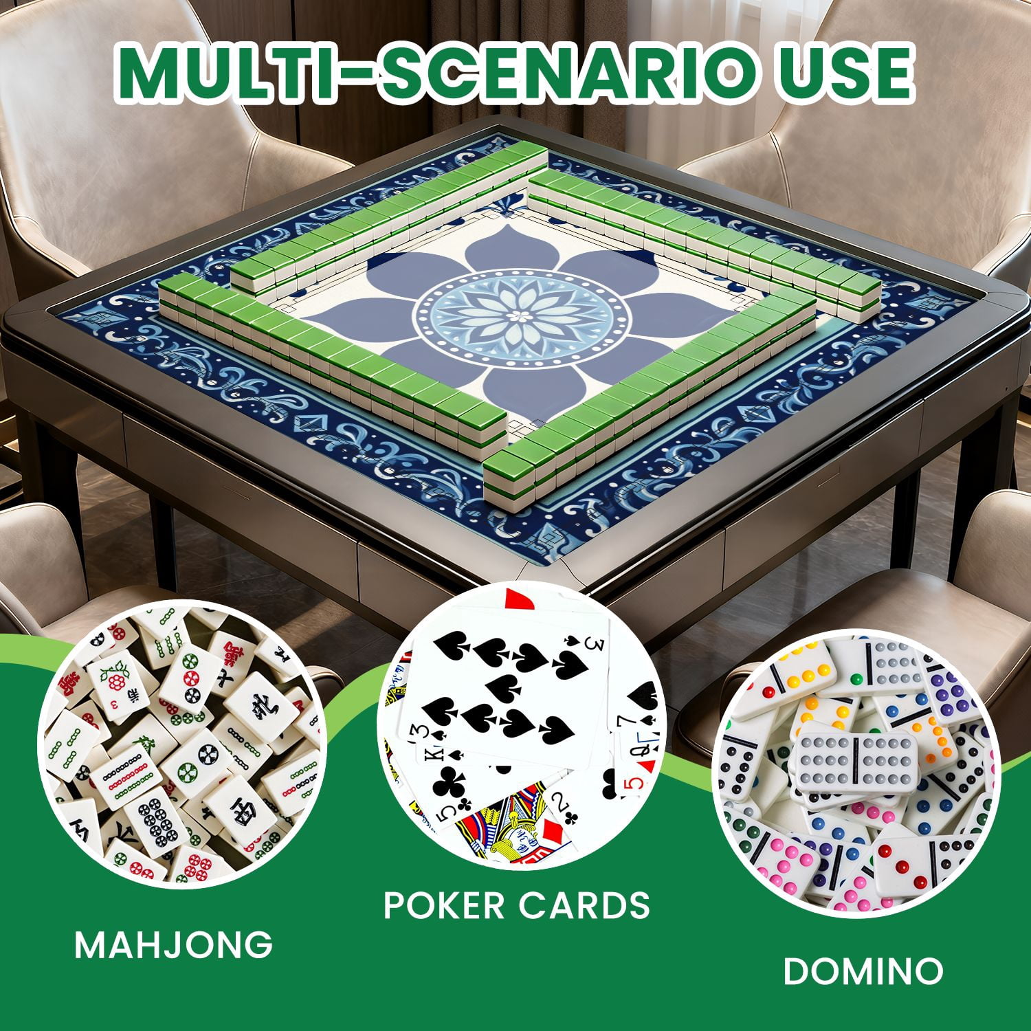 Mahjong Mat 31.5" x 31.5" Blue Floral Mandala Tile Ornamental Border Geometric Accents Non-Slip Noise Reduction American Mahjong Tiles Table Cover for Dominoes Poker Card Board Games Gift