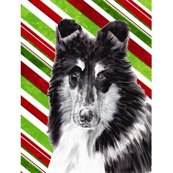 Black and White Collie Candy Cane Christmas Flag Garden Size