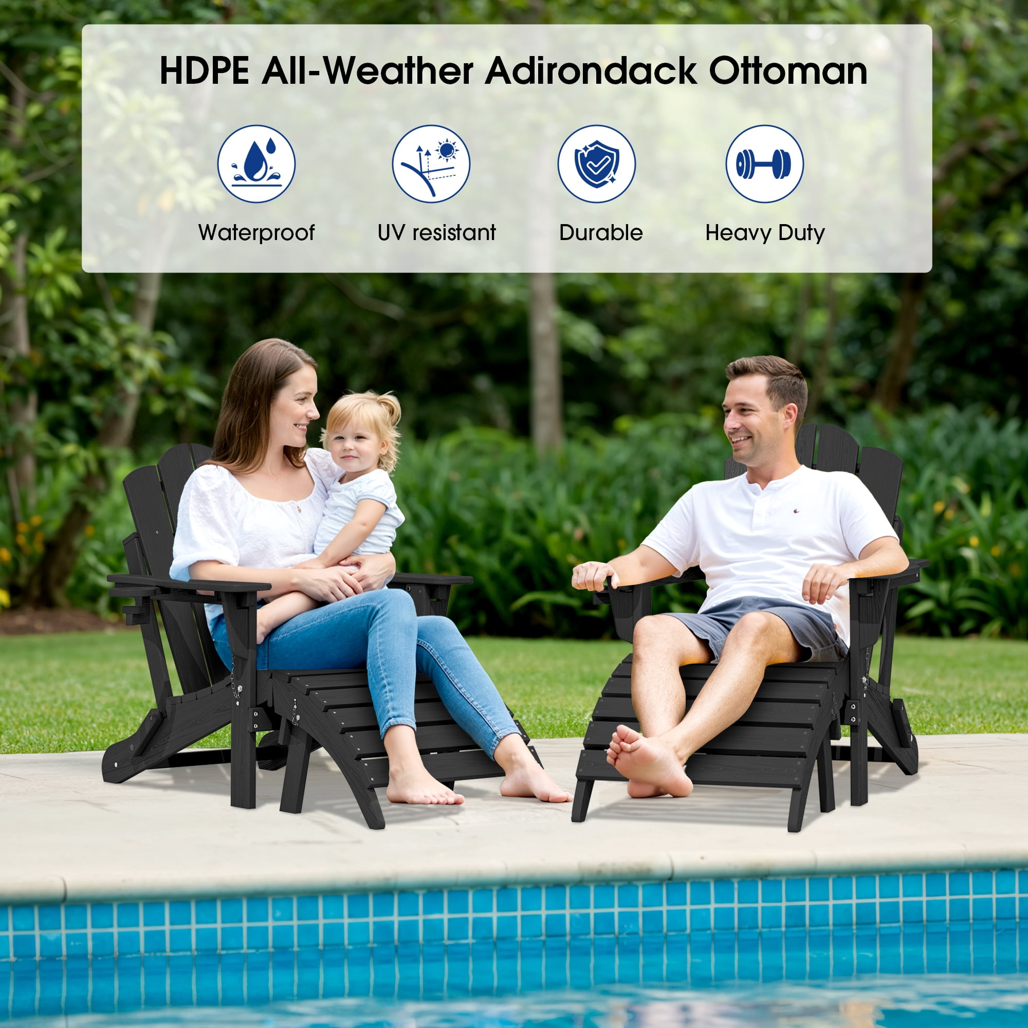 KINGYES Folding Adirondack Ottoman, HDPE Outdoor Foot Rest, Plastic Adirondack Footstool for Adirondack Chairs, Black