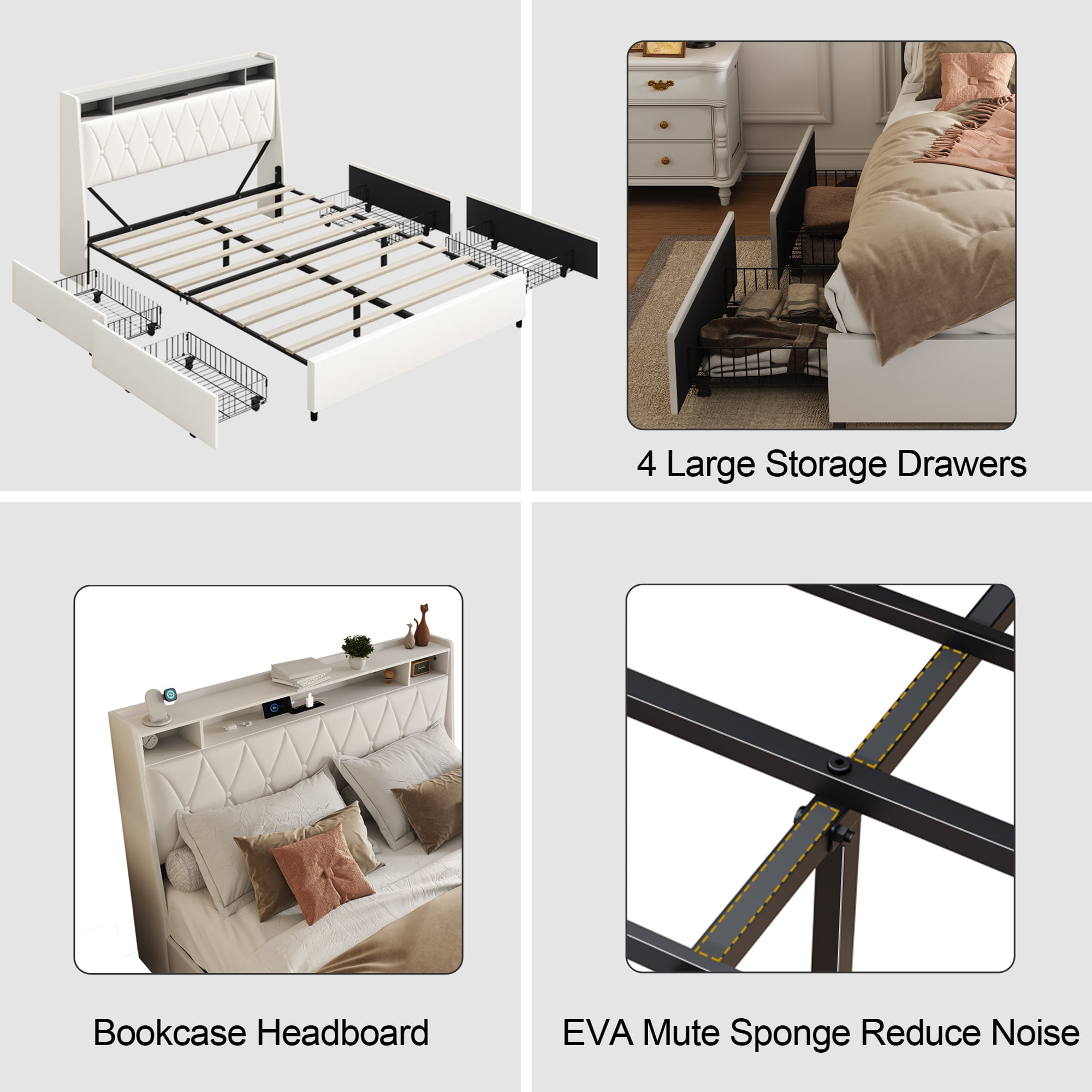 Miniyam Queen Size Upholstered Bed with Outlets & Charger, Storage Drawers for Adult, White