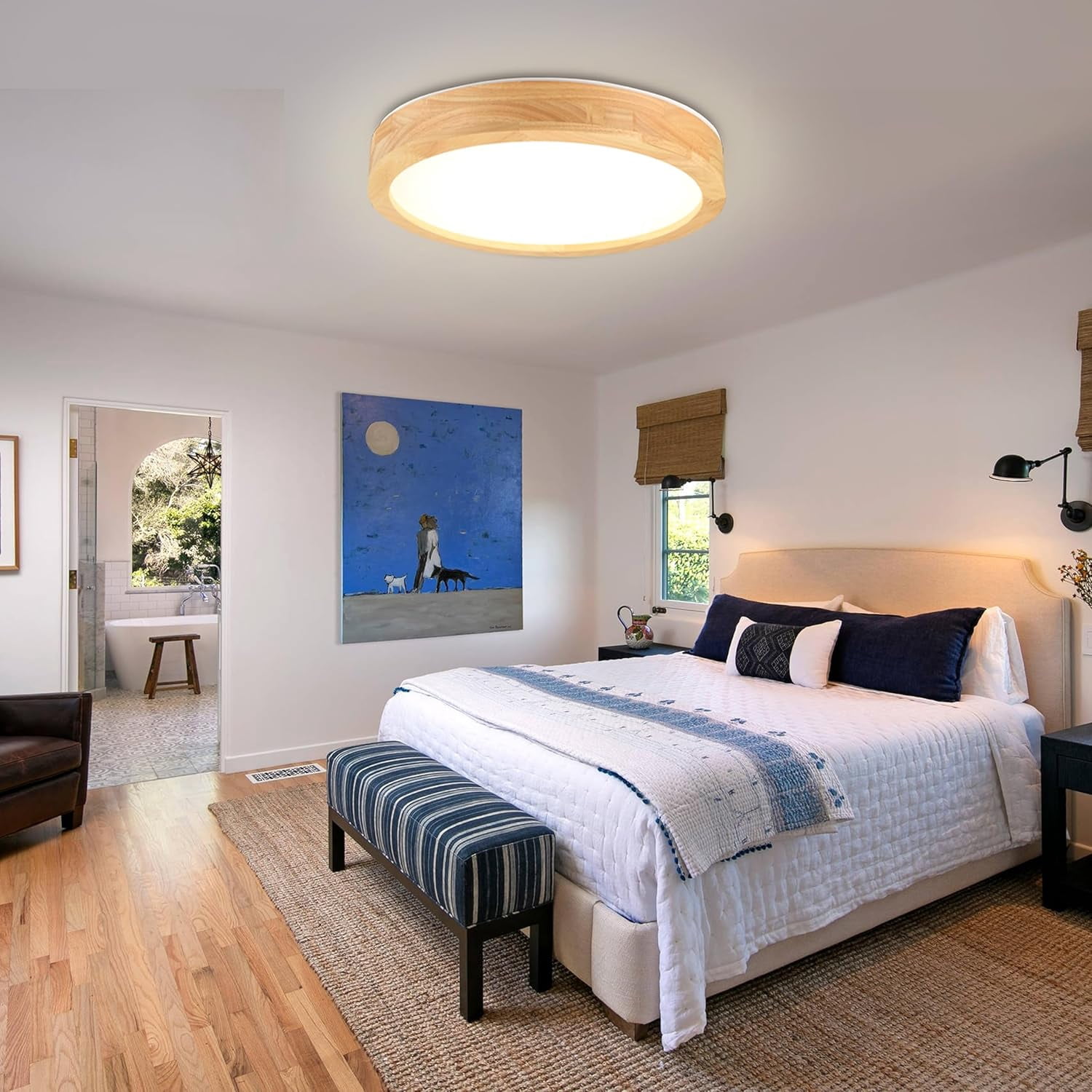 Modern Dimmable LED Ceiling Light with Wood Finish Flush Mount Fixture Adjustable 5CCT for Bedroom Kitchen Living Room Hallway 11.8 Inch