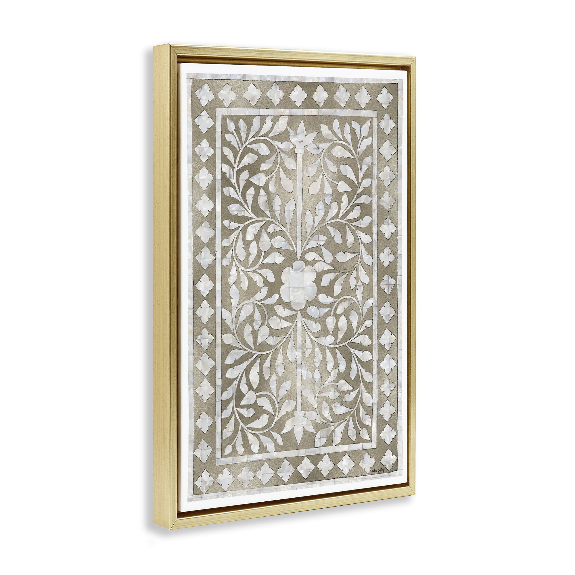 Stupell Industries Arabesque Bohemian Pattern Botanical & Floral Painting Gold Floater Framed Canvas Art Print Wall Art, 21 x 31