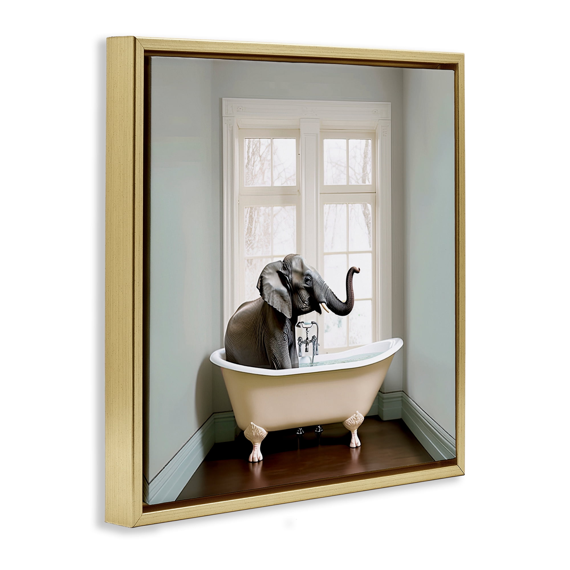 Minimal Elephant Bathtime Gold Framed Floater Canvas Wall Art, design by Sasha