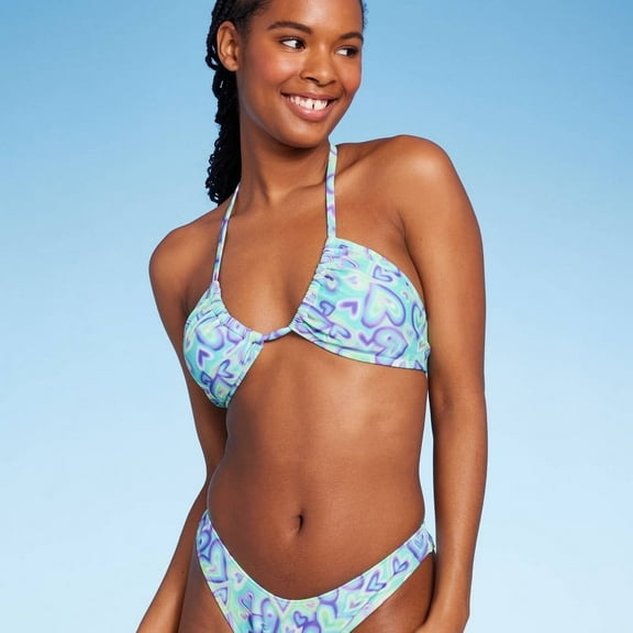 Wild Fable Women's Multiway Bikini Top Blue/Green Heart Print S