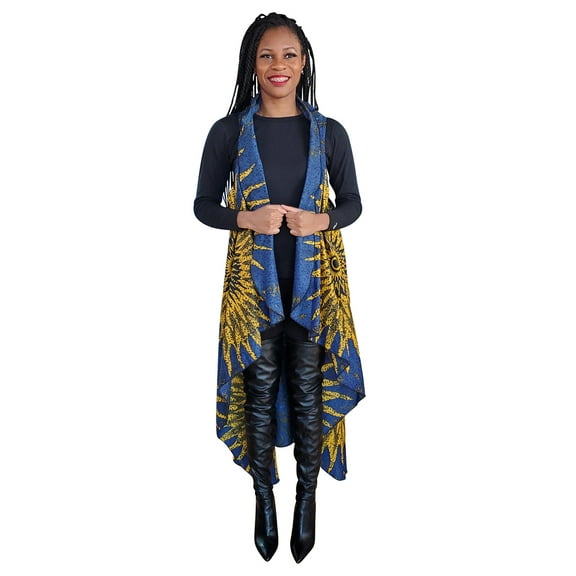 Blue Sunburst African Print Fashion Shawl wrap with Armholes Light-weight with Belt