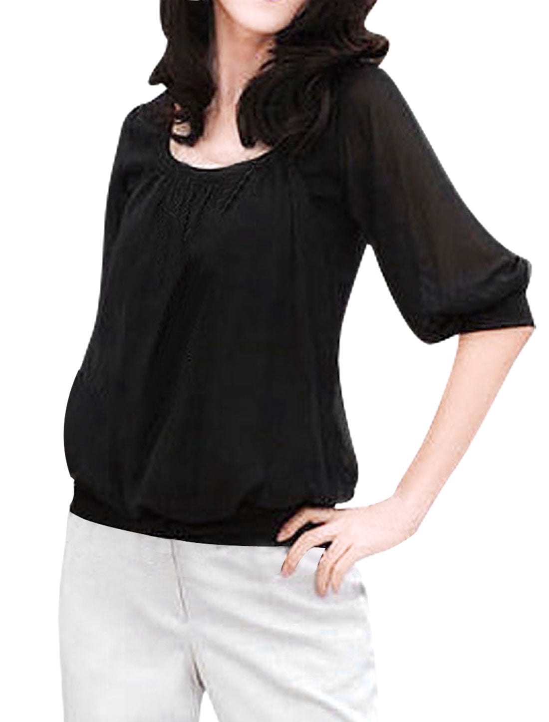 Unique Bargains Women's Elbow Sleeve Panel Summer Blouson Tops Black