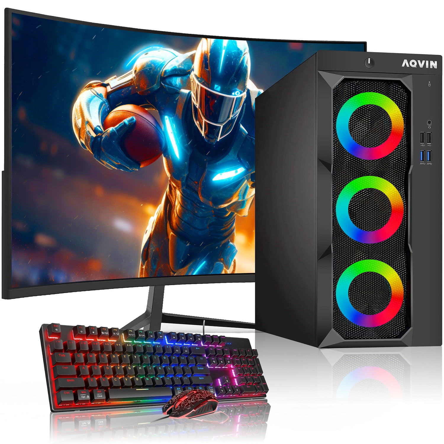 Restored RGB Gaming PC Tower AQVIN LuminaRings ~ 24 inch Curved Gaming Monitor GeForce GTX 1650 4GB DDR5 GPU ~ Intel Core i7 32GB DDR4 RAM 2TB SSD HDMI Windows 10 Pro WIFI(Refurbished)