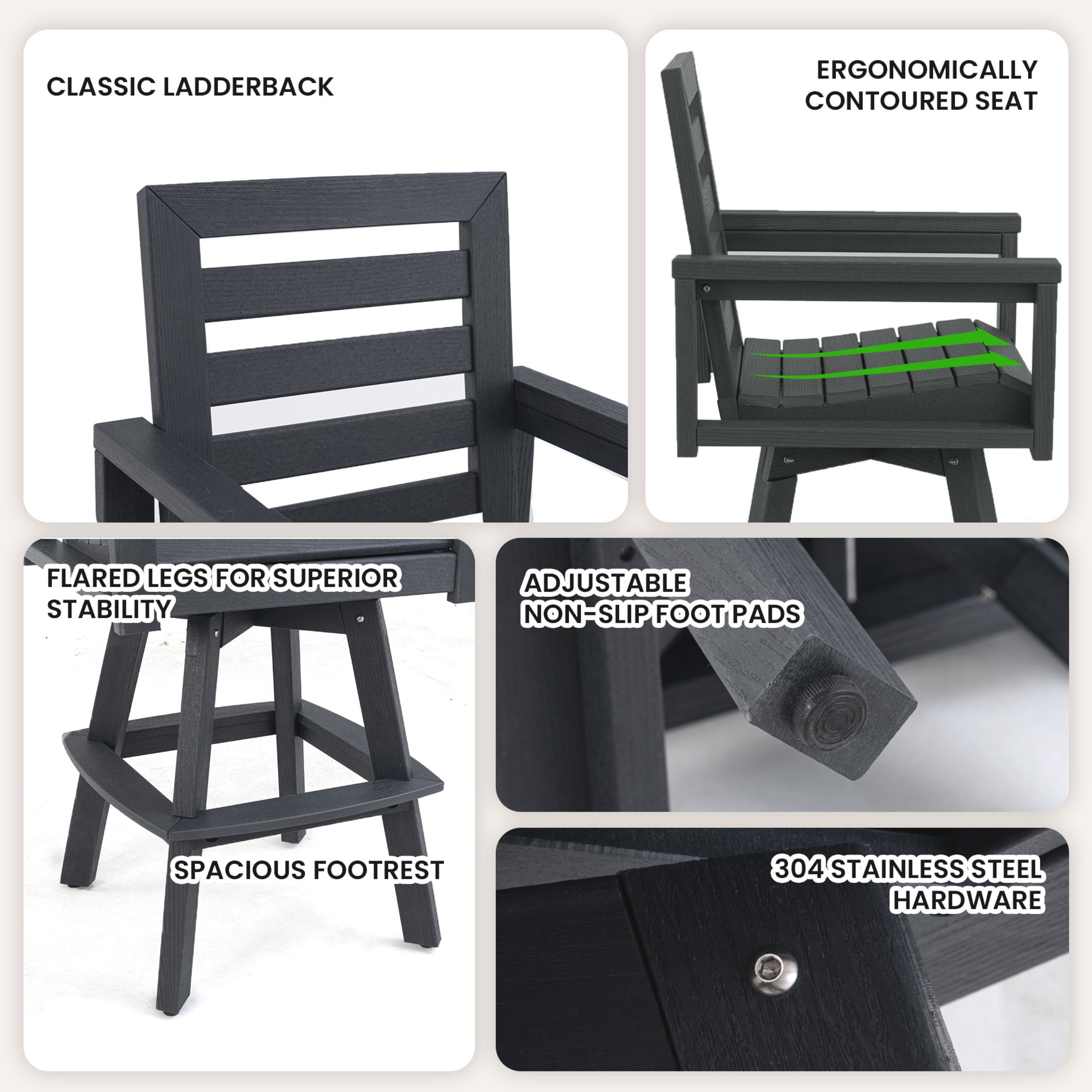 Noble House Outdoor Swivel Bar Stool, HDPE Wood Grain Ladderback Patio Chair with Footrest for Deck, Poolside, Grey