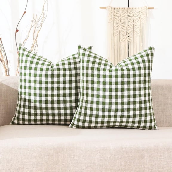 Sage Green Farmhouse Plaid Pillow Covers 16x16 Set of 2, 16 x 16 Spring Outdoor Checkered Pillows, Green and White Buffalo Plaid Throw Pillows (No Pillow Inserts)