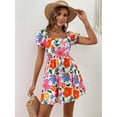 thumbnail image 6 of Women'S Floral Puff Sleeve Ruched Frill Trim Shirred A Line Boho Flared Dress White S, 6 of 9