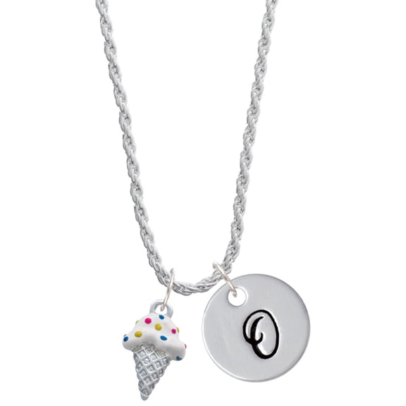 Delight Jewelry Silvertone 2-D Vanilla Ice Cream Cone with Sprinkles Silvertone Script Initial Disc - O - Charm Necklace, 20"+3"