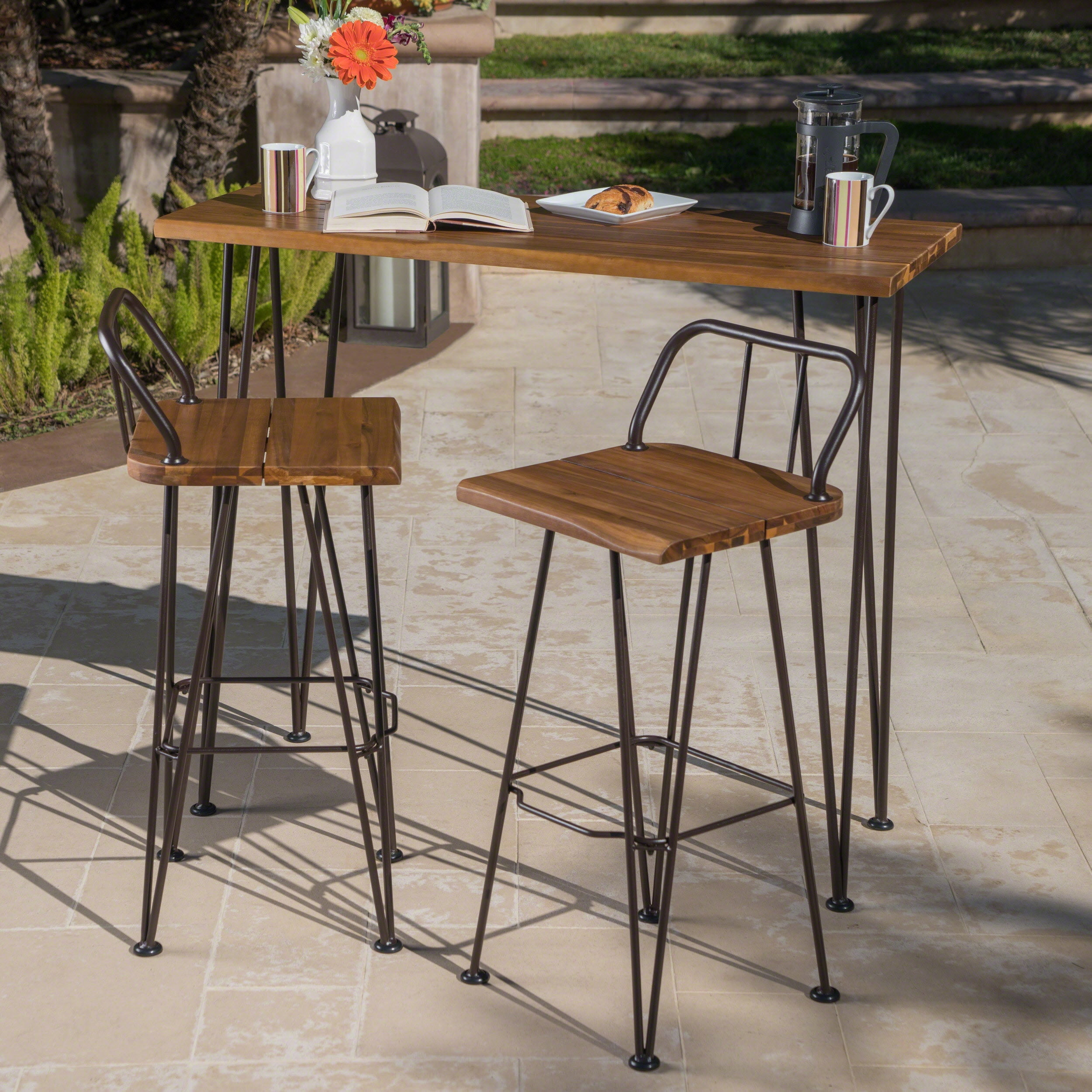 Bar Set, Outdoor Dining Set, Acacia Wood Furniture&nbsp;Industrial Table and 2 Bar Stools, Metal Frame, Teak Finish, Brown, 47.25 Inch, All-Weather Hardwood, Easy Assembly