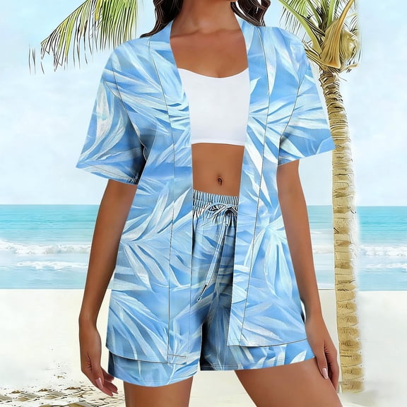 Gamivast Vacation Outfits for Women 2 Piece Tropical Leaf Print Kimono & Shorts Summer Sets Boho Open Front Cardigan Cover Up Beach Wear Suits