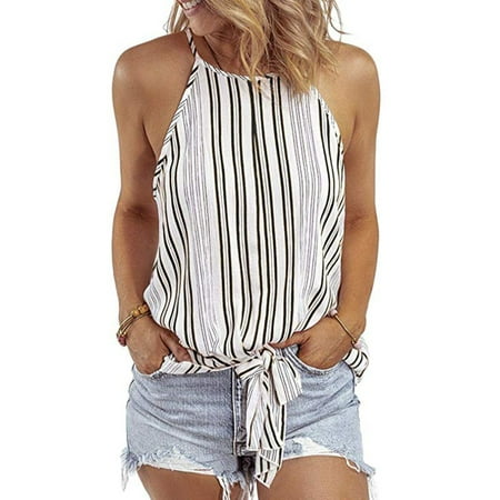 - Women Summer Striped Halter High Neck Chiffon Cami Tie Front Knotted Tank Tops Casual Sleeveless Shirts Blouses