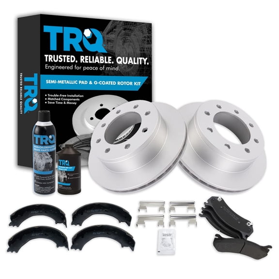 TRQ Rear Metallic Brake Pad & Coated Rotor with Parking Shoe w/Chemicals for GM BKA23703