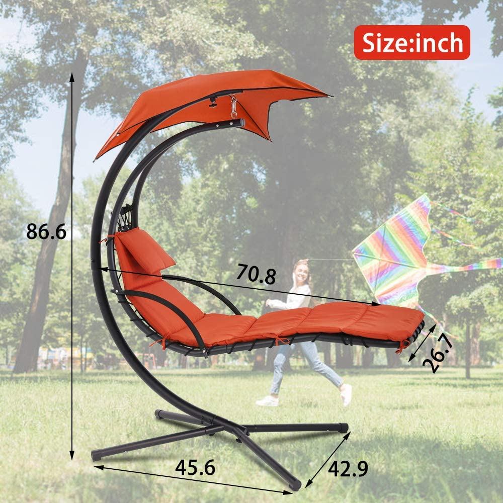 YRLLENSDAN Hanging Curved Chaise Lounge Chair Swing, Outdoor Lounge Swing with Canopy Floating Hammock Swing Patio w/ Built-in Pillow for Beach Backyard, Orange - image 5 of 7