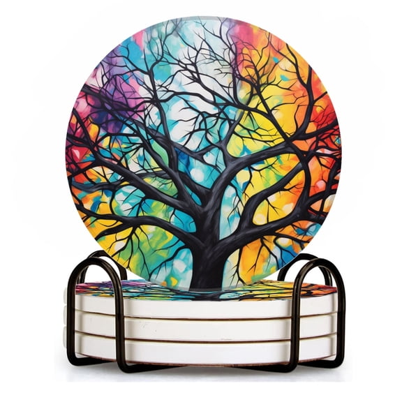 BaHomeck Drink Coasters Set of 4 with Holder black tree with branches that intertwine Water Absorbent Ceramic Coasters Tabletop Protection,Suitable for Various Cup ,Home Decor