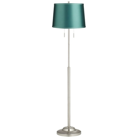 360 Lighting Abba Modern 65" Tall Standing Floor Lamp Twin Pull Chain Silver Metal Brushed Steel Finish Office Drum Soft Teal Shade