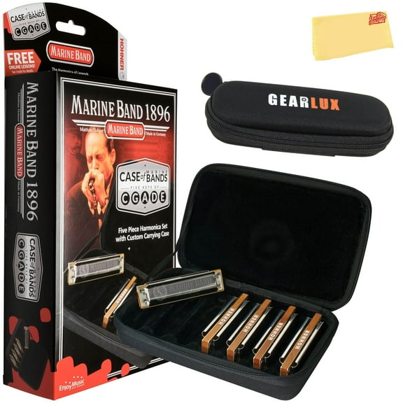 Hohner MBC Marine Band 1896 Harmonica - 5 Pack Bundle with Case, Zip Pouch, and Austin Bazaar Polishing Cloth