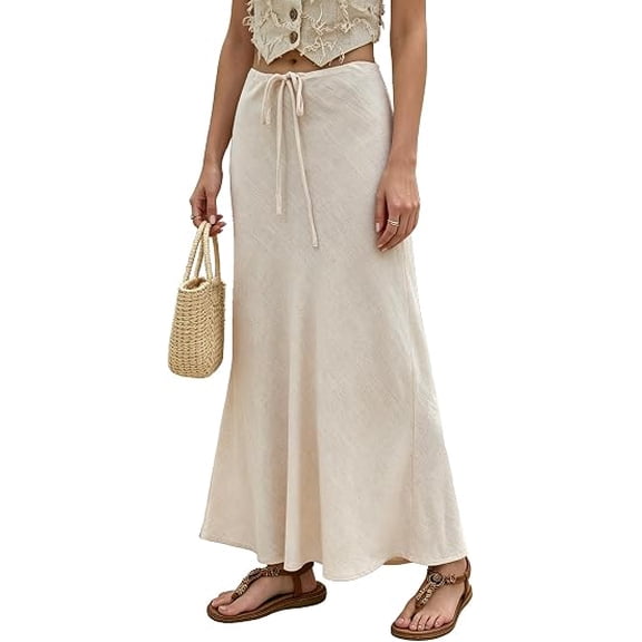 Wrongduck Women's Linen Maxi Skirt Drawstring High Waisted Flared Casual A-Line Linen Long Skirts for Women