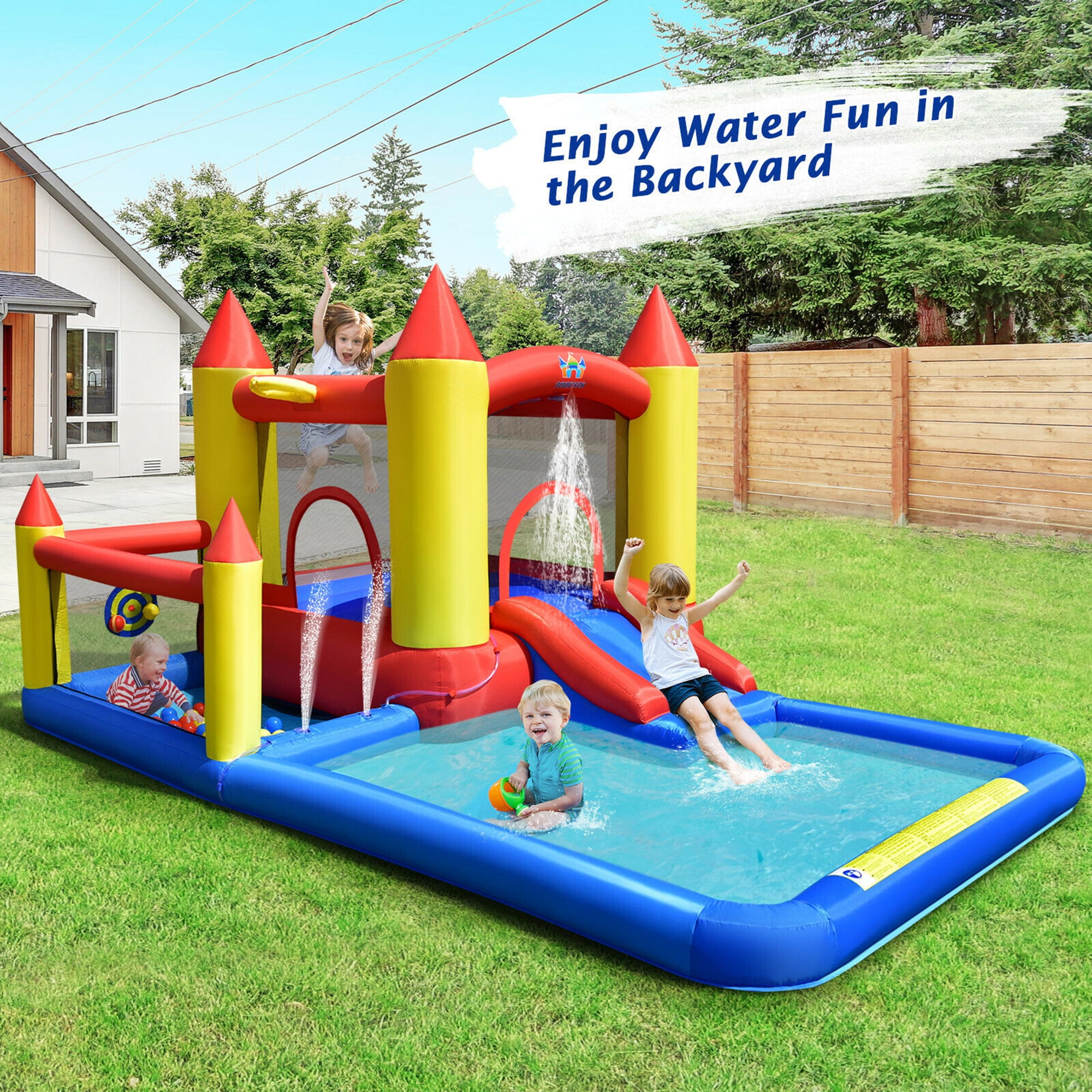 Gymax Inflatable Water Slide Castle Kids Bounce House Indoor & Outdoor w/ 480W Blower