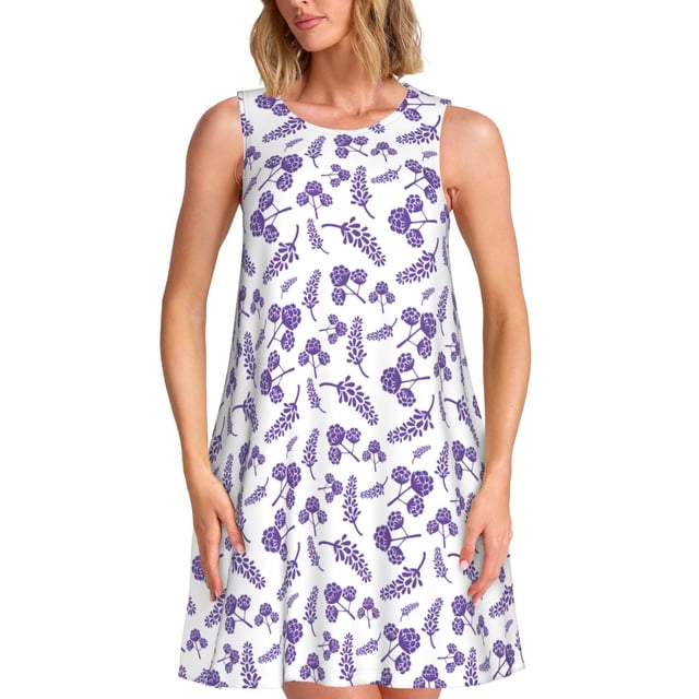 Fotbe Lavender Flowers Vestido de Verano sin Mangas para Mujer – Vestido Midi Línea A, Estilo Camiseta Floral, Vestido Playero Casual y Fluido