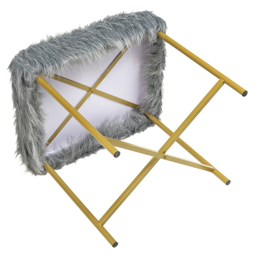 Finihen Faux Fur Vanity Stool Chair, Footstool Ottoman with Metal Legs, Fluffy Chair with Furry Padded Seat, Makeup Stool, Decorative Furniture Footrest, for Living Room, Bedroom, Gray