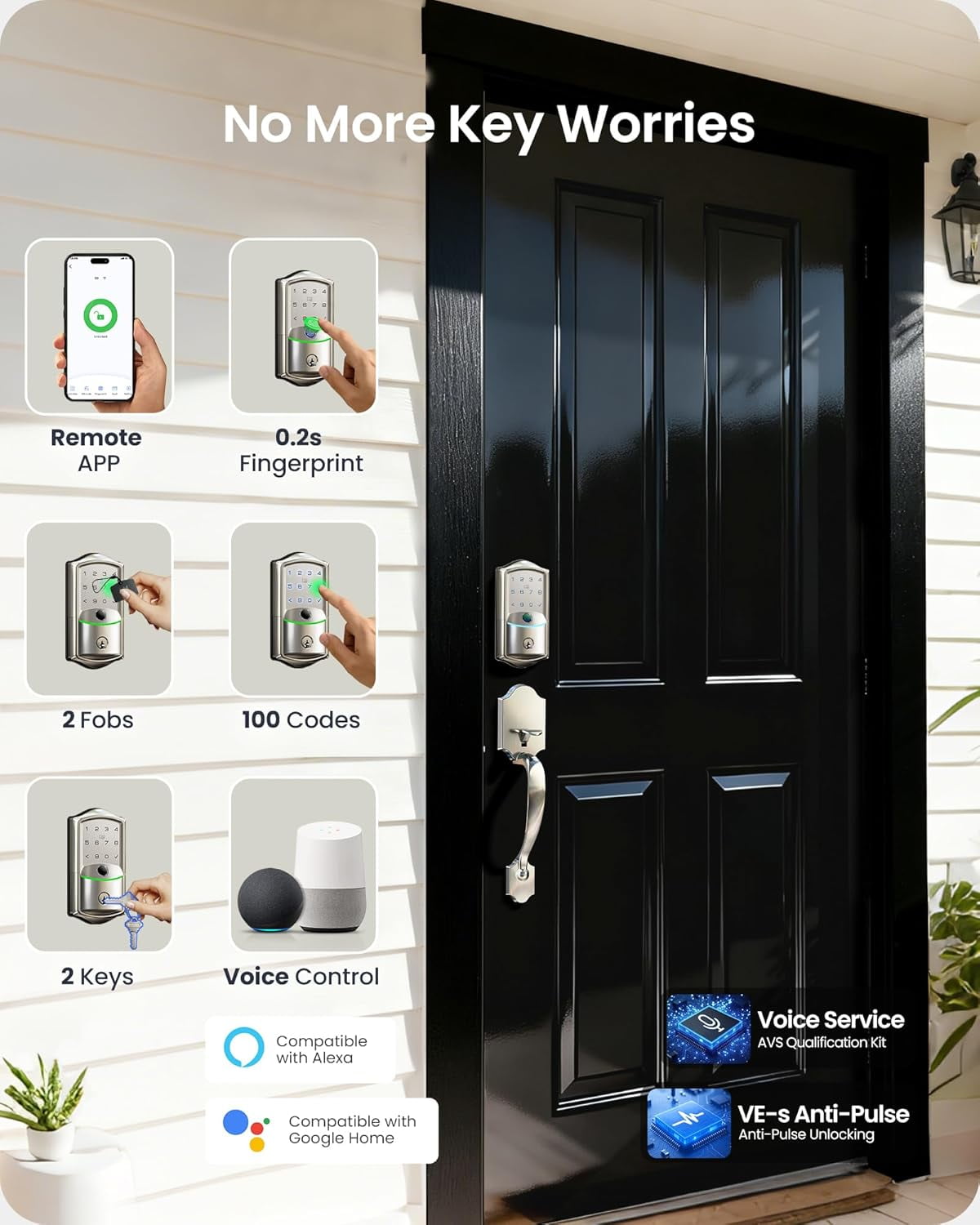 Veise Wifi Fingerprint Smart Deadbolt Lock with Handle Set, Keyless Entry Front Door, Auto-Lock, Satin Nickel