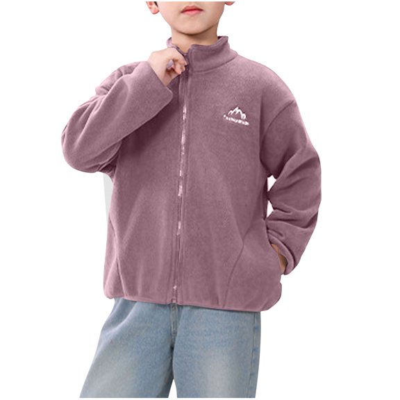 Fesfesfes Kids Fleece Lined Jacket Long Sleeve Zipper Up Outerwear for Boys and Girls Solid Color Stand Collar Warm Winter Casual Coat Childrens Faux Plush Fall Winter Wear(Purple#1,7-8 Years)