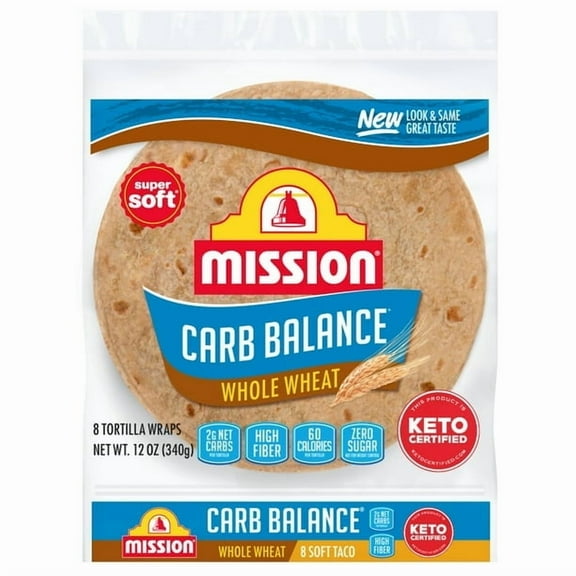 Mission Carb Balance Whole Wheat Flour Tortillas, Soft Taco Size, 8 Count (Pack of 2)
