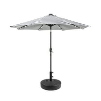 GARDEN 9 Ft Solar LED Patio Umbrella with Black Round Base Weight Included, Gray/White Stripe