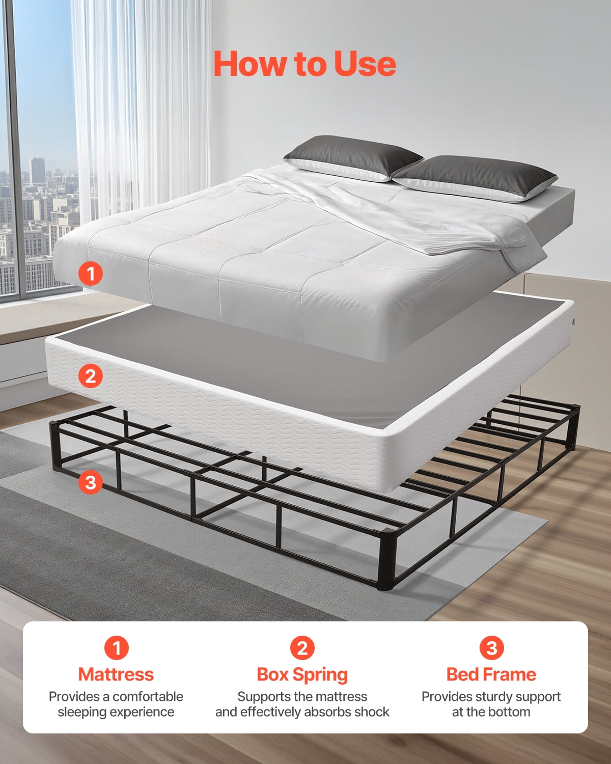 VEVOR Box Spring, King Size Bed Frame with Washable Fabric Cloth, Heavy Duty Metal Frame for King Bed, 9 in Mattress Foundation, 3500 lbs Max Weight Capacity, Easy Assembly