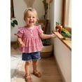 thumbnail image 6 of BemeyourBBs Toddler Baby Girl Summer Clothes Denim Outfits Plaid Short Sleeve Tunic Shirt Tops Strawberry Bowknot Floral Embroidery Jeans Shorts Set, 6 of 9