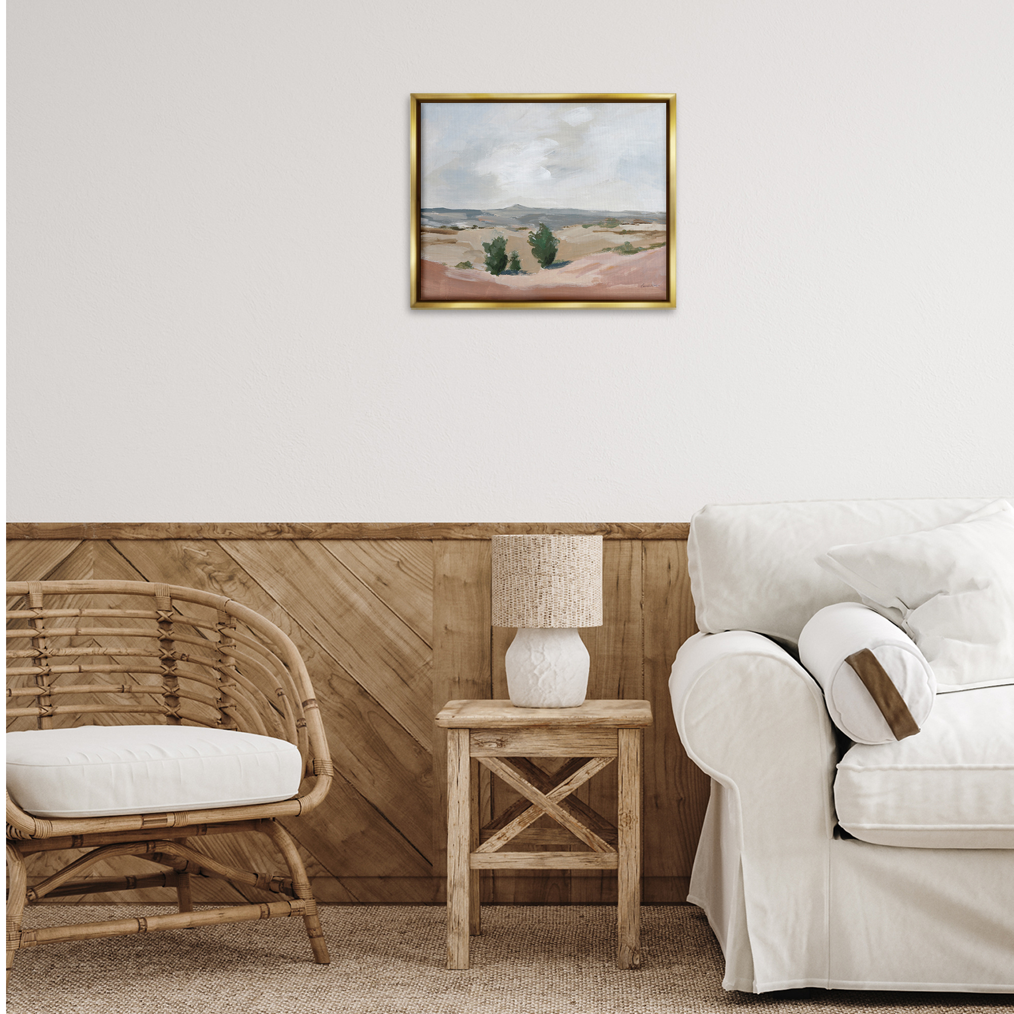 Stupell Industries Vast Desert Mountains Landscape Painting Gold Floater Framed Art Print Wall Art, 21 x 17