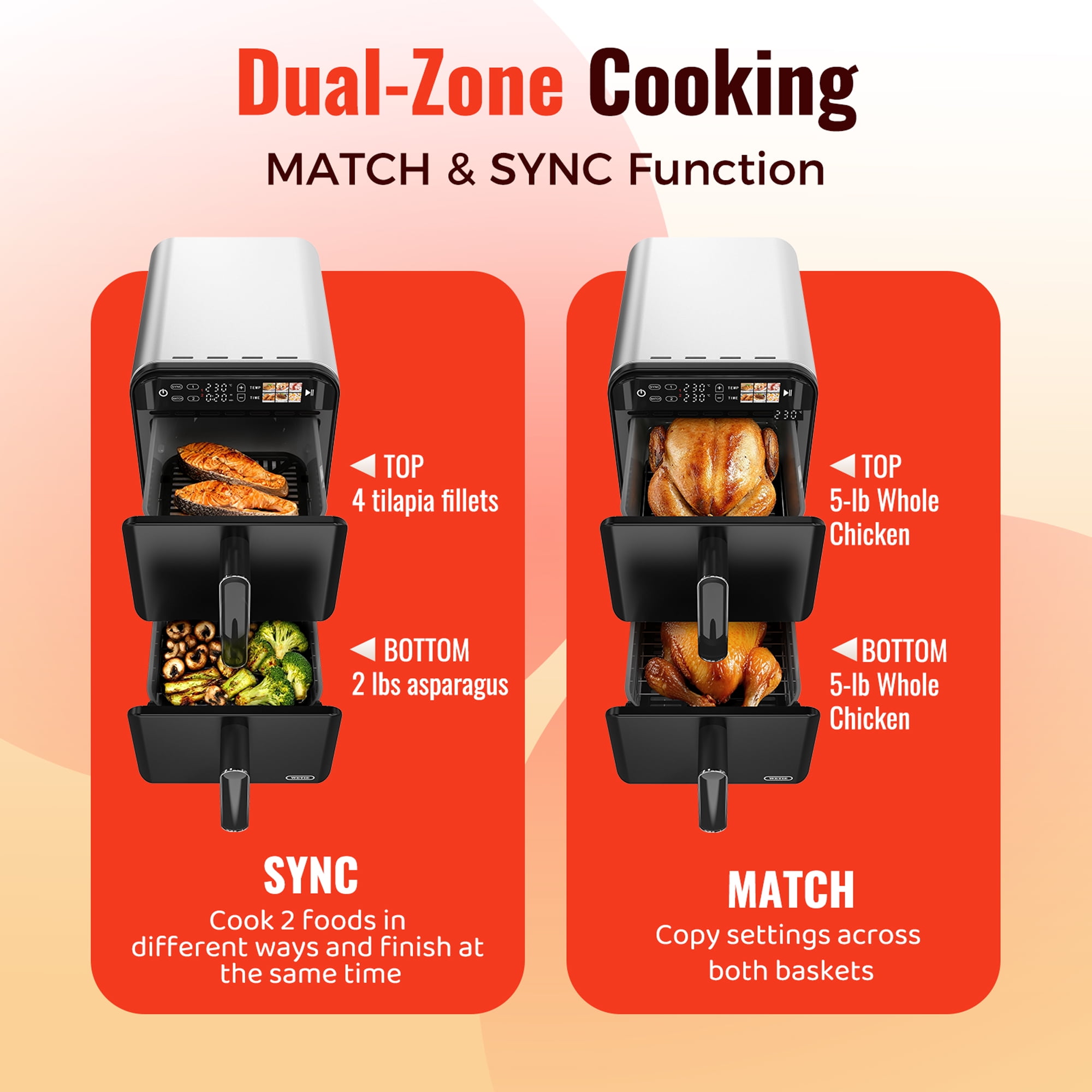 11.6 QT 2-Baskets Air Fryer, 6-in-1 Presets & Digital Touchscreen, Sync & Match, Dishwasher Safe & Space Saving