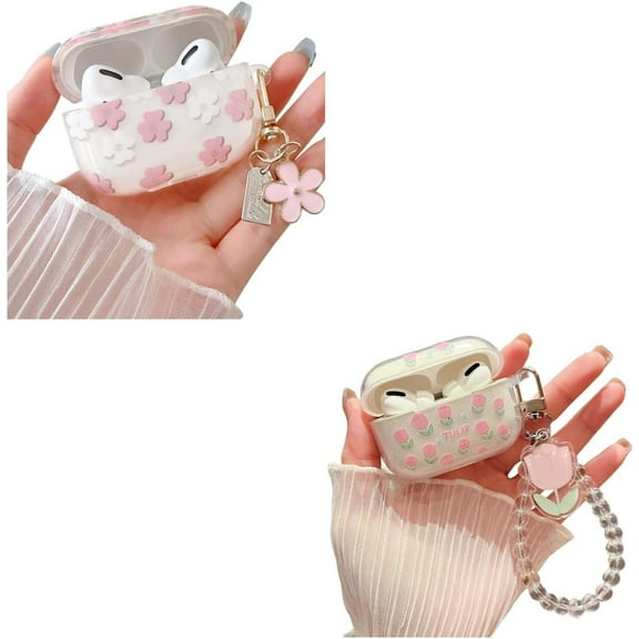 Compatible with Airpods Po Clear Case with Floral Keychain,Fashionable Cute Flower Pattern Design,Soft Silicone Smooth Shockproof Charging Case for AirPod Pro for Girls Women-Pink