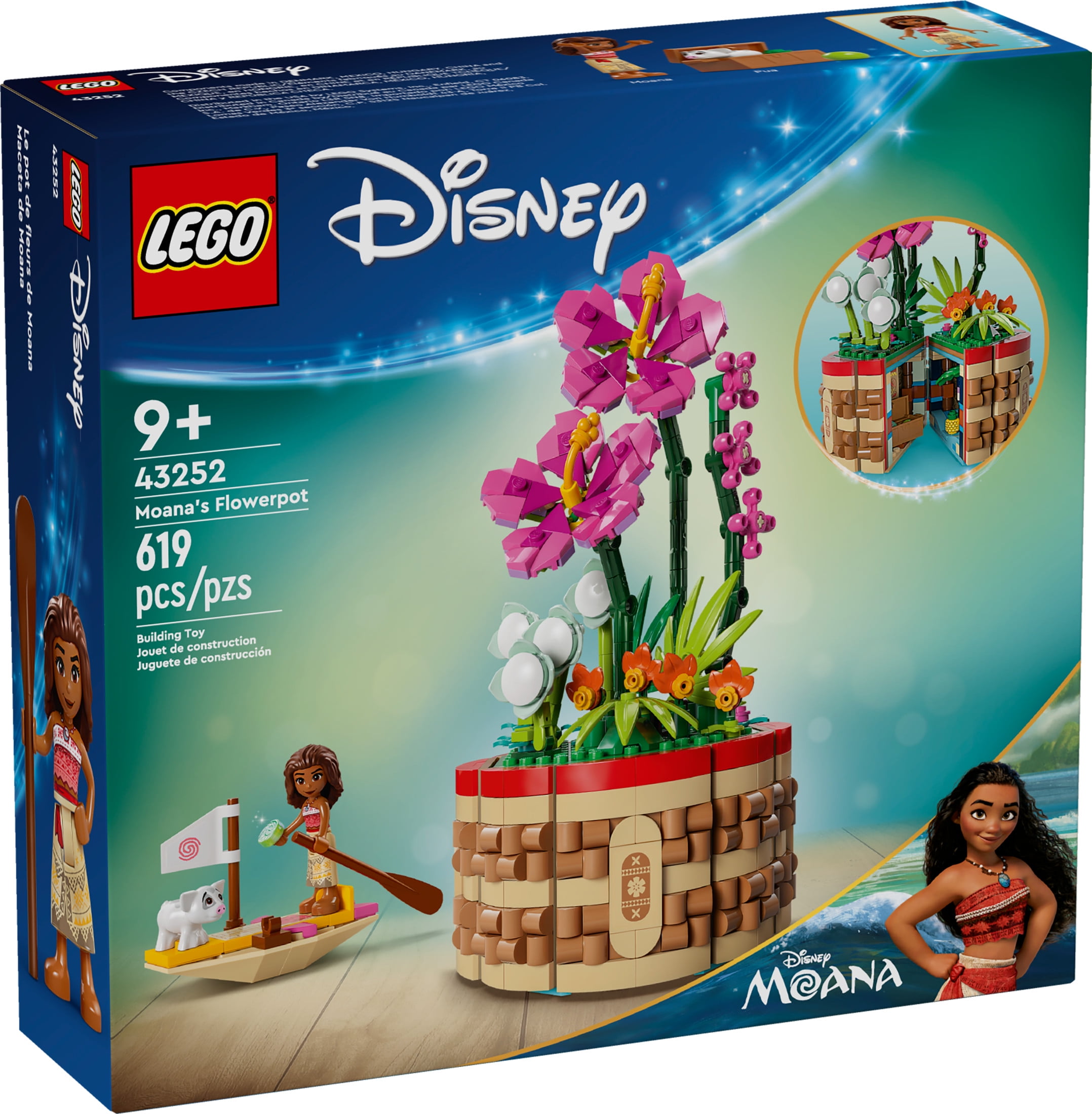 LEGO | Disney Moana’s Flowerpot Buildable Flower Toy, Playset for Kids Includes Pig Figures, Moana Doll, Hidden Room, and Sailboat, Disney Birthday Gift Idea for Girls and Boys, 43252