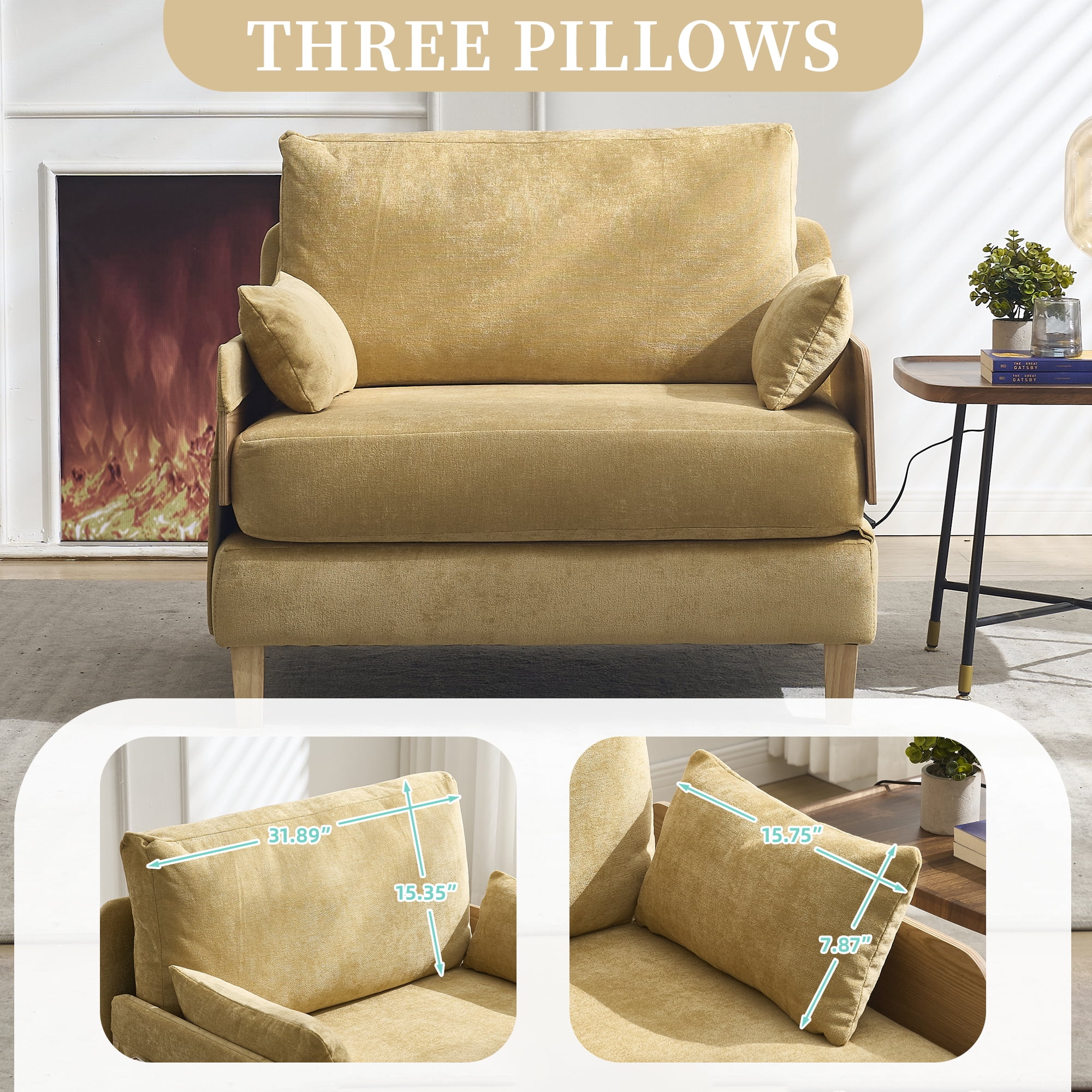 MOONMISS Chenille 3-in-1 Convertible Sleeper Foldable Sofa Bed Recliner Chair with 3 Pillows,Yellow