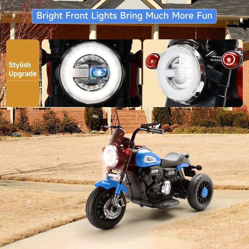 Bruce&Shark Kids Electric Motorcycle Ride-on Toy with Headlights, 3 Wheels Dual Motor Car for Children Boys Girls Blue