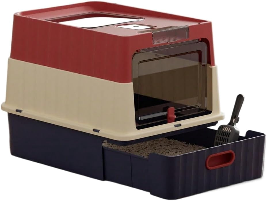 Cat Litter Box, Drawer-Style Enclosed Large Odor-Control Kitty Toilet with Pull-Out Tray, for Kittens, Big Cats & Multi-Cat Homes, Red
