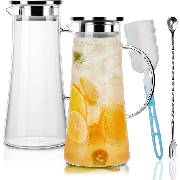 Jarra de Vidrio,Juego de 2-Jarra de Agua de Vidrio con Tapa de Acero Inoxidable,Jarra de Cristal de 1.5 litros con Asa, Resistente al Frío y al Calor,para líquido Hirviendo, t&am