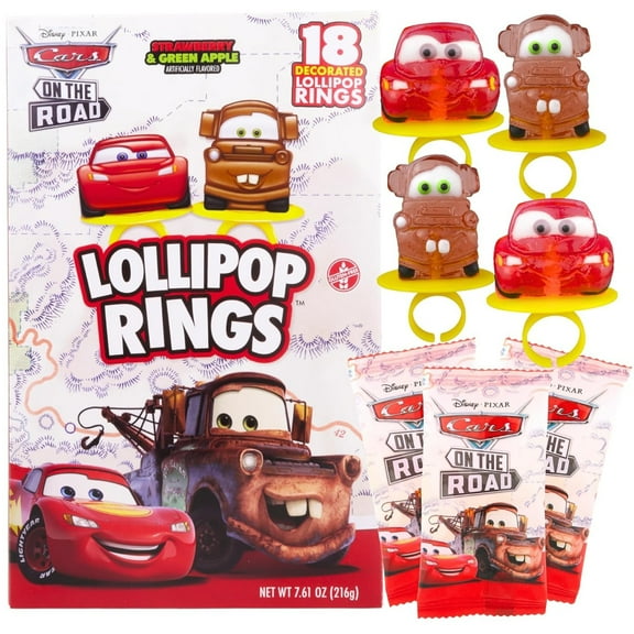 Disney Pixar Cars Lollipop Rings, Birthday Party Candy, 18 Count, 7.61 Ounce Box