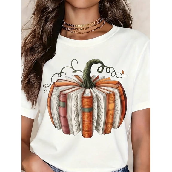 Vintage Book Pumpkin Graphic Tee Autumn Reading Lover Shirt Halloween Fall Seasonal Top For Women Girls Casual Wear