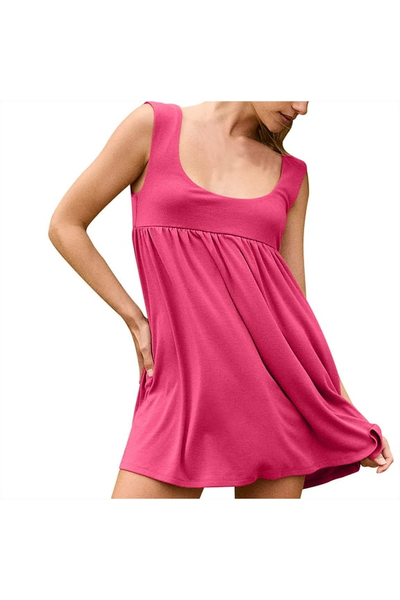 Womens Midi Dress Summer Sleeveless Babydoll for Women Classic Sundress Tiered Pleated Swing Flowy Loose Beach Casual Smocked ,2XL,Hot Pink