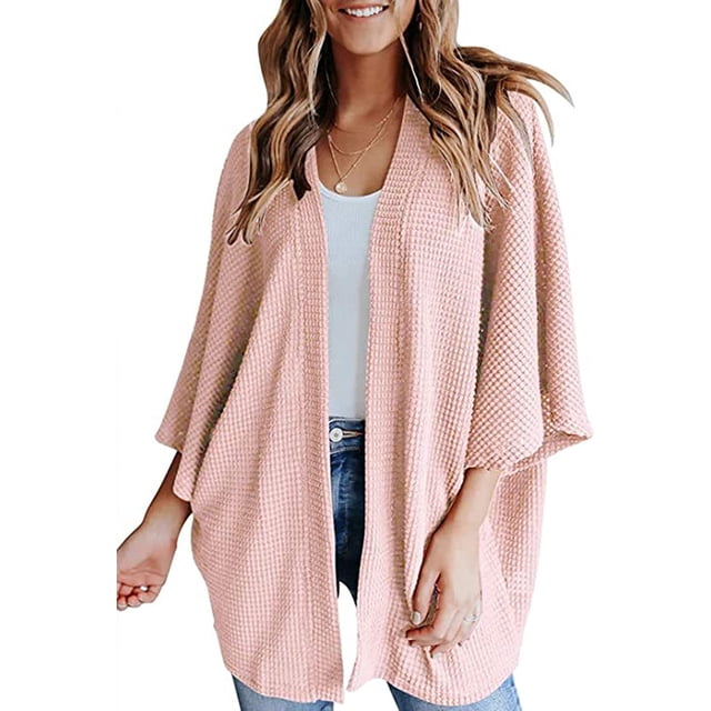 LinYooLi Women's Kimono Open Front Waffle Knit Cardigans Solid Sweater Batwing Sleeve Shawl Collared Soft Slouchy Cloak