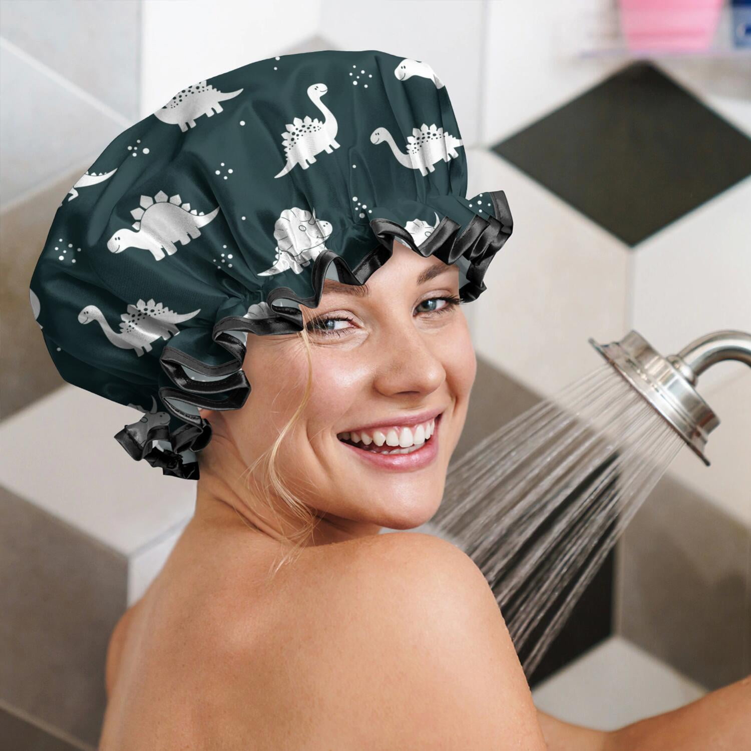 Shower Caps,Black Dinosaurs Silhouette Pattern Waterproof Shower Cap for Women 4 Pieces,Double Reusable Hair Cover for Shower PEVA Elastic Stretch Hem