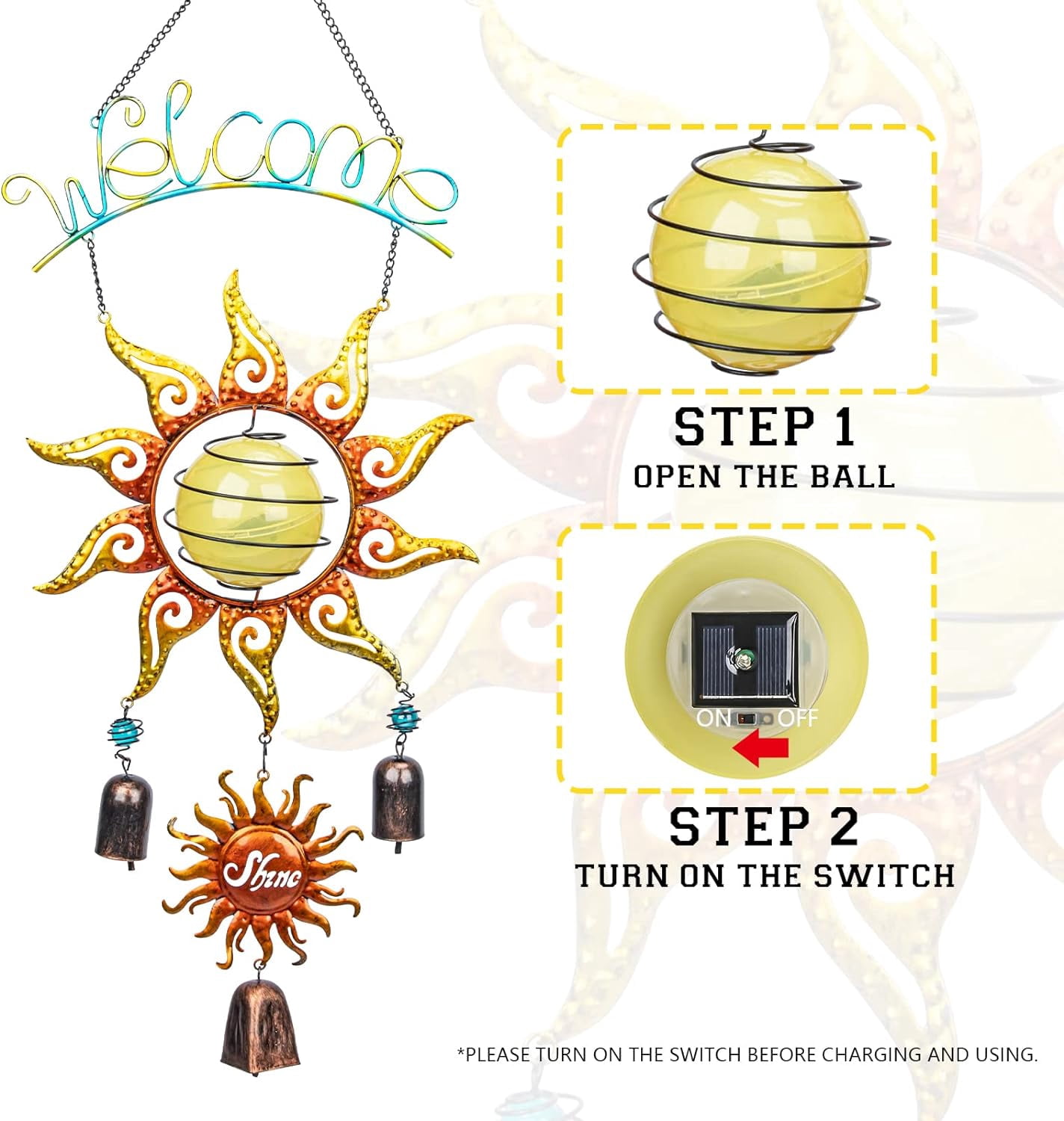 Outdoor Solar Wind Chime, Sun Image Decoration, Hanging Solar Wind Chime, Metal Bell, Deep And Soothing Tone, Suitable For Patio, Garden, Perfect Gift
