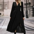 thumbnail image 2 of biudgviw Maxi Dresses for Women Elegant Deep V Neck Pleated Fall Dress Flowy Long Sleeve Side Slit Wedding Guest Gown Dress, 2 of 5